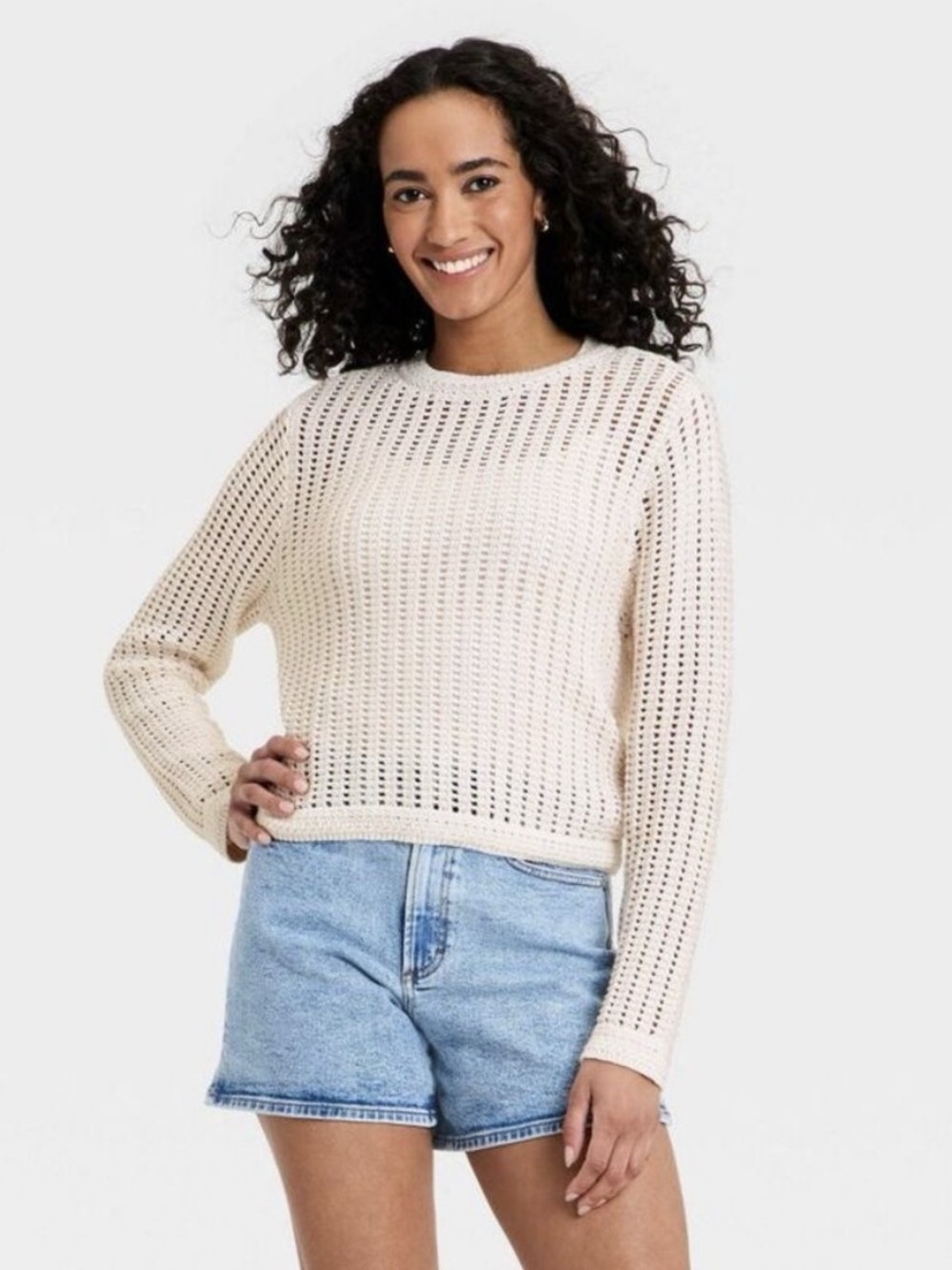 Universal Thread Crochet Openwork Crewneck Pullover Sweater Cotton Cream NWT
